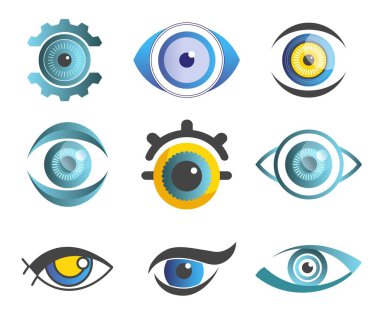 Renk gözbebekleri izole simgeler tasarım kontakt lens kavramı optik gözlük dükkanı oculist ve oftalmoloji makyaj visage ve kozmetik göz küresi amblemi veya algı logo organ ile Soyut gözler