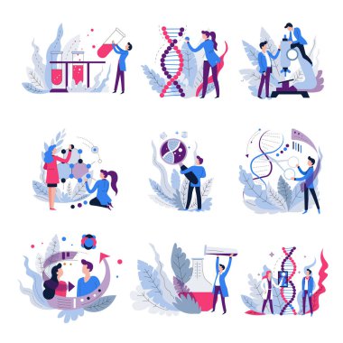 Bilim adamları ve bilimsel ekipman genetik bilim izole soyut simgeler vektör şişesi ve Dna mikroskop ve moleküller kimyasal reaktifler ve sıvılar biyoloji ve kimya laboratuvar ekipmanları