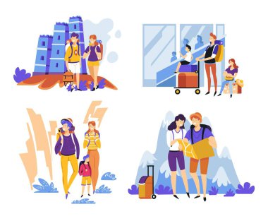 Aile gezisi, sırt çantaları. Havalimanı terminalinde çocuklu aileler, dışarıyı gezmek, dağlarda yürüyüş yapmak ve haritaları kontrol etmek. Dört vektör çizimi, beyaz arkaplan.