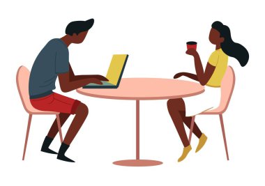 Kahve ve dizüstü bilgisayarı olan kafe veya kantin adamı ve kadın vektörü izole edilmiş erkek ve kadın Afro-Amerikan karakterler sıcak içecek ve taşınabilir bilgisayar molası veya iş yemeği çalışanları