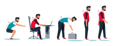 Masada yanlış oturma, yanlış duruş ve skolyoz, izole karakter vektörü olan ofis çalışanı. Adam bilgisayar kullanıyor, mekik çekiyor ve yürüyor. Kambur, formda ve işi olan erkek karakter.