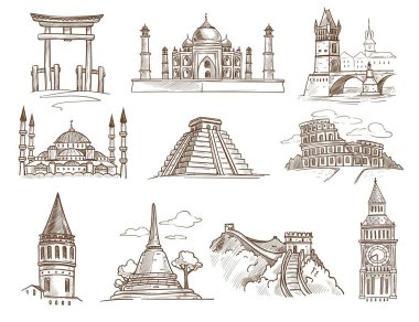Ünlü binalar ve mimari dünya simgeleri vektör torii kapısı ve Tac Mahal Tower Köprüsü ve Sultan Ahmed Camii Maya piramidi ve Kolezyum Galata kulesi ve Swedaon pagoda Büyük duvar ve Big Ben