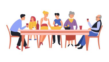 Festival yemek aile yemek masası ve yemekler tatil izole karakter vektör mutfak masa örtüsü içecekler ve gıda annesi ve babası dedesi ve çocuk teyzem ve amcamla kardeşler ve kız kardeşi