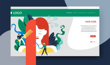 Güzellik salonu hizmetleri saç bakımı online randevu web sayfası şablonvektör saç kesimi ve saç modeli tedavi ve stil kuaför veya stilistler fırça ve makas araçları Internet sitesi mockup