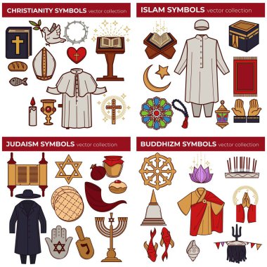 Hıristiyanlık ve İslam Yahudilik ve Budizm dünya dinleri semboller vektör İncil ve Kuran Tevrat ve meditasyon Papa kıyafeti ve cami David yıldız ve keşiş cüppe çapraz ve ay hamsa ve dharma tekerlek