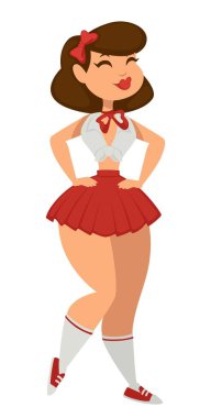 Seksi pin-up kostüm mini etek ve üst striptizci vektör izole kadın karakter karnaval veya maskeli yay ve gaiters baştan çıkarıcı kıyafet geniş uyluk ile spor ayakkabı Cadılar Bayramı parti kıyafeti kız