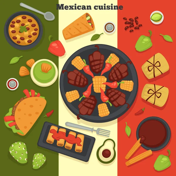 メキシコ料理タコスとローストミートにチリとスイートペッパーベクトル新鮮な食材を使った新鮮な料理アボカドとハーブブリトーナチョ料理とカトラリーはメキシコからの食事を提供 — ストックベクタ