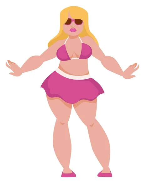 模型加大小丰满的女人在泳装和太阳镜矢量孤立的女性字符女孩在泳装和裙子与眼镜夏季海滩度假和度假休闲海滨 — 图库矢量图片