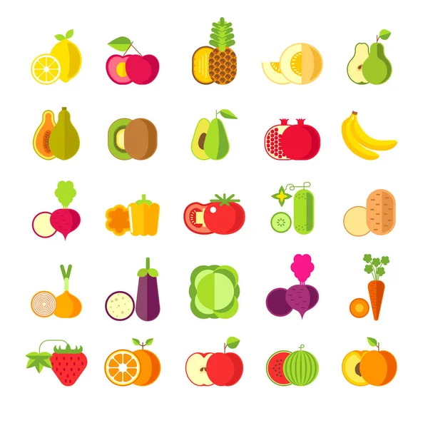 健康的有机食品 水果和蔬菜分离的图标病媒 采购产品柠檬和樱桃 菠萝和桃 梨和木瓜 猕猴桃和鳄梨 石榴和香蕉 红辣椒 西红柿 — 图库矢量图片