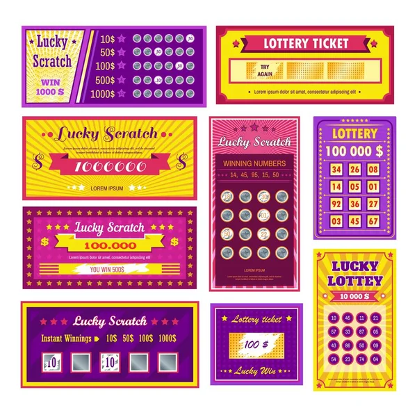 Gokken Winnen Geld Loterij Tickets Lucky Scratch Bingo Vector Papieren — Stockvector