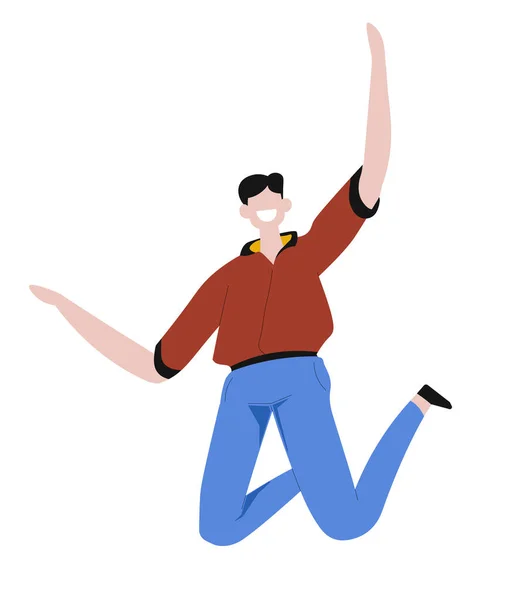 Adam Sevinç Heyecanla Zıplıyor Elleri Havada Yaşa Mutlu Genç Erkek — Stok Vektör
