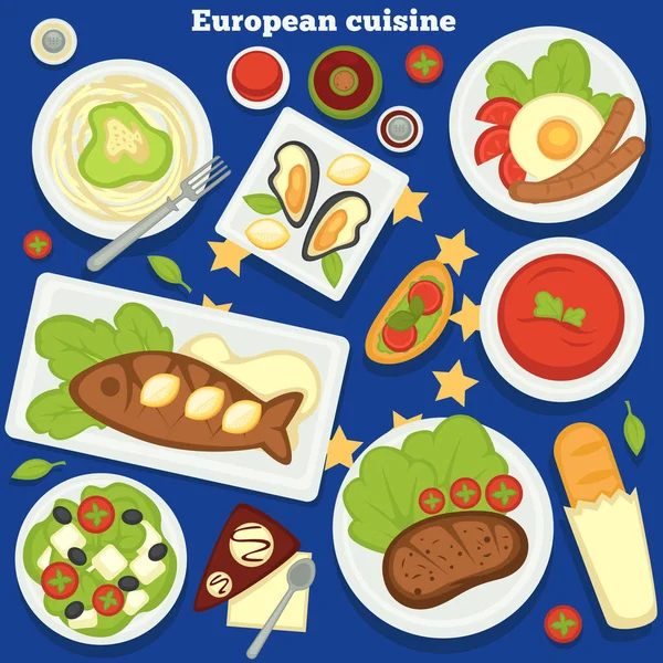 Voedsel Van Europa Europese Keuken Gerechten Maaltijden Desserts Vector Pasta — Stockvector
