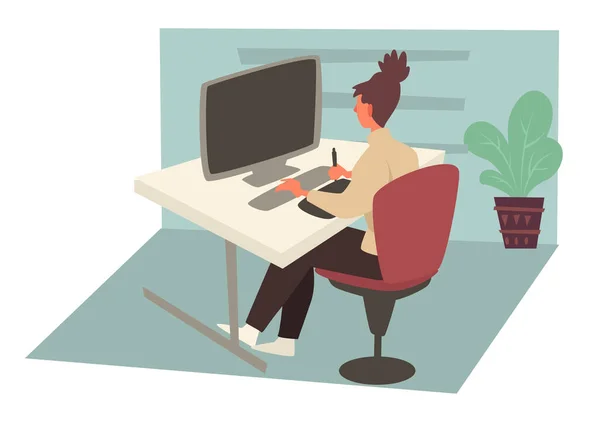 Γυναίκα Που Δουλεύει Στον Υπολογιστή Στο Εσωτερικό Του Γραφείου Γυναίκα — Διανυσματικό Αρχείο