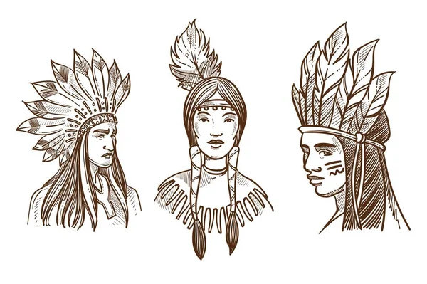印第安土著美国人与羽毛帽子素描肖像矢量男人和女人与油漆标志的脸和辫子部落成员部落巫师或战士民族首领或领袖孤立的人 — 图库矢量图片