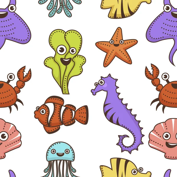海洋水中動物や植物漫画のキャラクターシームレスなパターンベクトルスティングレイと海藻ヒトデやカニの海馬やピエロの魚クラゲやヒラメの貝の無限のテクスチャ — ストックベクタ