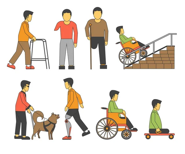 車椅子や義肢の障害者が負傷孤立した男性キャラクターベクトル杖と車椅子の盲導犬と障害者の男性が身体の一部を失った医療や医療 無効な支援 — ストックベクタ