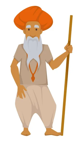 Nacionalidad Indio Anciano Con Palo Madera Turbante Con Cruz Cuello — Vector de stock