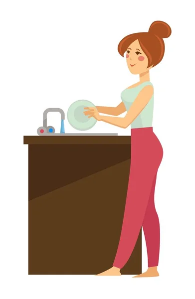 Diskning Kvinna Tvätta Rätter Diskbänk Daglig Rutin Isolerad Kvinnlig Karaktär — Stock vektor