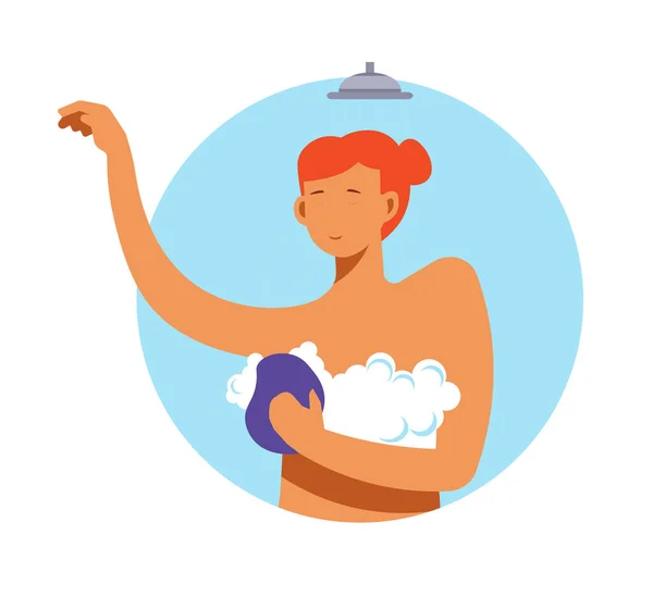 거품을 스폰지를 사용하여 여자가 샤워중이야 날마다 위생법 몸치장에 이원형이다 파란색 — 스톡 벡터