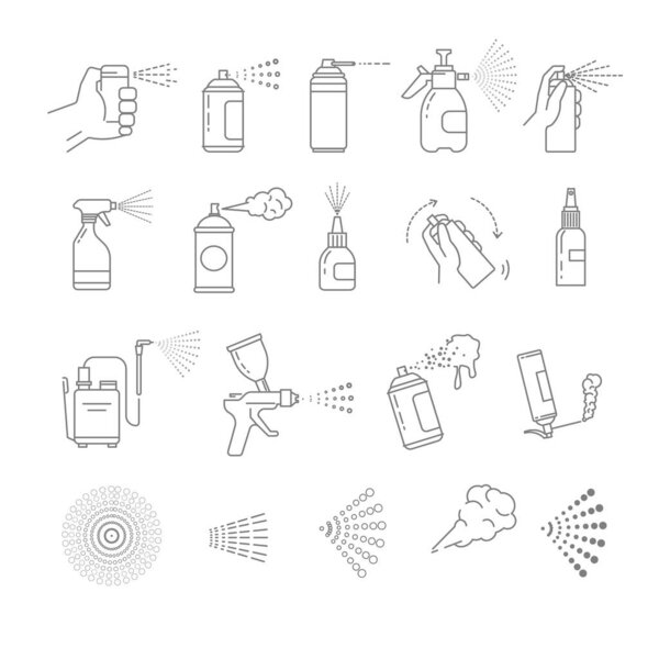 Spray cans isolated flat line icons vector. Hand with aerosol, airbrush and graffiti art, automizer and construction foam, medical means container. Disinfection and cleaning, building and washing