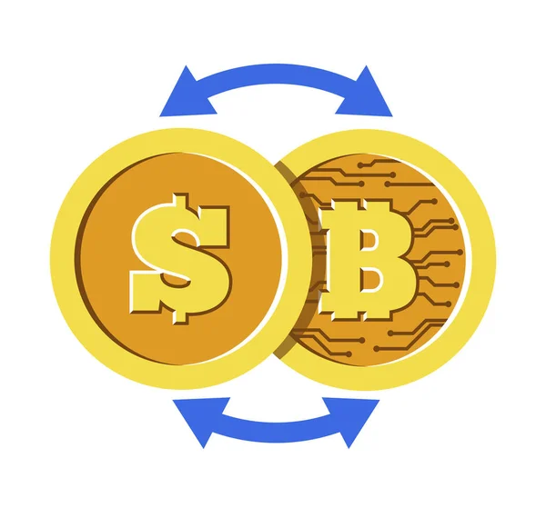 比特币和美元 加密货币汇率 带有比特符号的金币和我们的现钞 网上交易 网上投资 白色背景的矢量说明 — 图库矢量图片