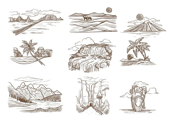 Wild Nature Landscape Sketches Seascape Mountain Desert Vector Texas Highway — Stock Vector