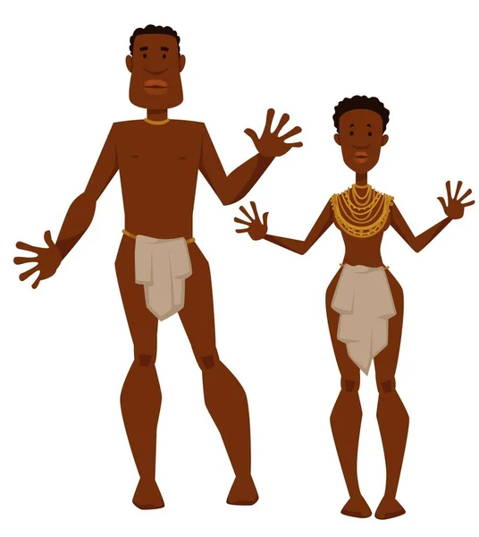 非洲部落男人和女人原住民在动物皮肤和珠宝载体孤立的男性和女性字符裸体女孩和家伙沙漠或草原夫妇或家庭在露背布和金项链 — 图库矢量图片