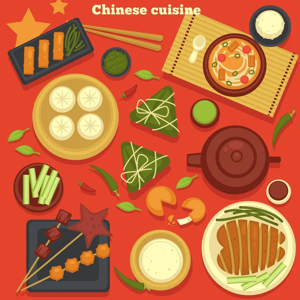 China Platos Cocina China Mariscos Albóndigas Verde Vector Pollo Filete — Vector de stock