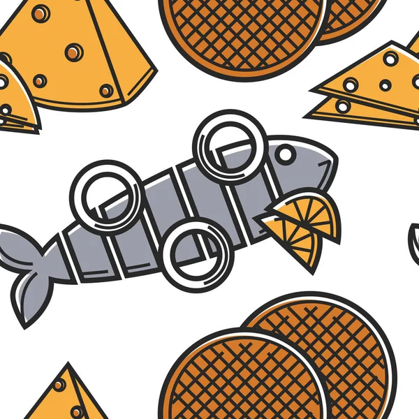 海鲜奶酪和甜点 荷兰食品和美食无缝模式矢量鱼与洋葱圈和柠檬焦糖华夫饼和 Edam Maasdam 无尽的纹理鱼乳制品和甜食 — 图库矢量图片