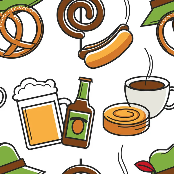 Food and drinks German traditional cuisine seamless pattern vector beer and pretzel hot dog and bagel bun and coffee pastry or bakery products and alcohol drink endless texture Germany cup and bottle