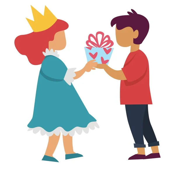 Γενέθλια Αγόρι Κόμμα Δίνοντας Δώρο Για Κορίτσι Στην Πριγκίπισσα Κοστούμι — Διανυσματικό Αρχείο
