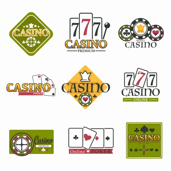 ギャンブルカジノクラブは ポーカーチップとプレイカードベクトルブラックジャックゲームとルーレットホイールのお金の賭けと賭けリスクと幸運を獲得幸運プレイとギャンブルオンラインサービスエンブレムを獲得 — ストックベクタ