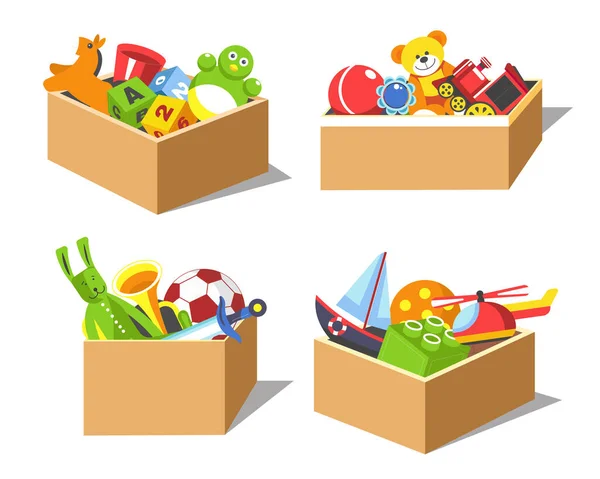 Caixas Papelão Com Brinquedos Para Crianças Para Sala Jogos Jardim —  Vetores de Stock