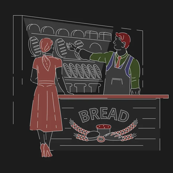 Bakery Shop Store Baking Worker Counter Showing Customer Lady Freshly — ストックベクタ