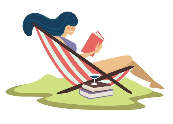 Woman Sitting Striped Beach Lounger Reading Book Side View Martini — ストックベクタ