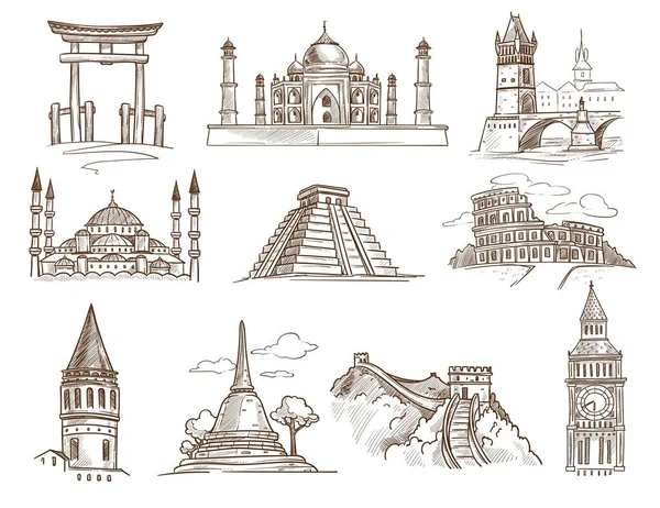 Edificios Famosos Arquitectura Monumentos Mundiales Vector Torii Gate Taj Mahal — Archivo Imágenes Vectoriales
