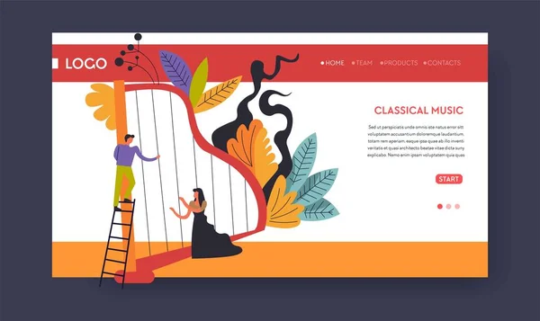 Harp Müzisyenler Klasik Müzik Konser Web Sayfası Şablon Vektör Yaylı — Stok Vektör