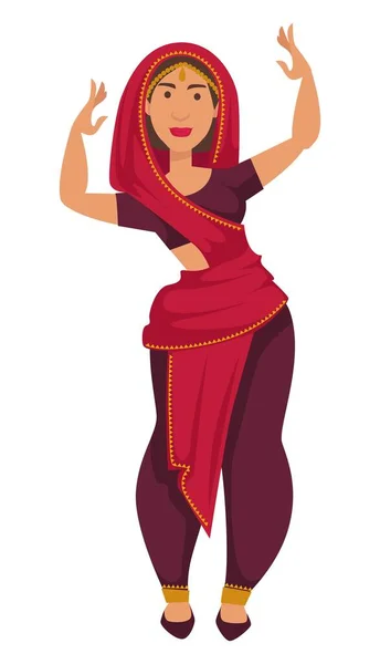 サリダンスの伝統とインドベクトルの習慣で国籍インドの女性は パフォーマンスゴールドジュエリーの女の子と国民的ダンス旅行や観光を示すショールで女性のキャラクターを隔離しました — ストックベクタ