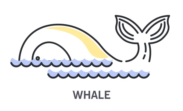 鲸鱼的象征 海洋大型动物在水线以上可看到一半 弯曲的尾巴 两排抽象的最小波 基于白色背景和文本的游轮主题线性孤立矢量图解 — 图库矢量图片
