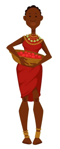 Membre Tribu Femme Africaine Avec Panier Fruits Robe Bijoux Vecteur — Image vectorielle