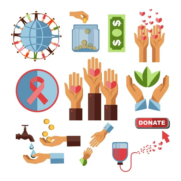 献血センターと慈善基金ベクトルハートと人間の手がんストライプ血液パックと水は金貨や植物紙幣やドル紙幣ガラス瓶の地球と手を握っている人々をドロップします — ストックベクタ