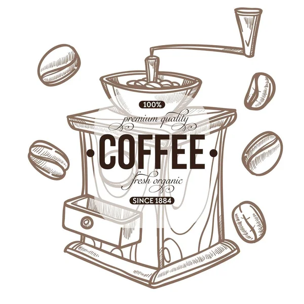 豆加工咖啡研磨机咖啡厅或酒吧热饮载体分离草图图标酿造咖啡因能量早餐浓缩谷物天然饮料准备厨房工具手动机制 — 图库矢量图片