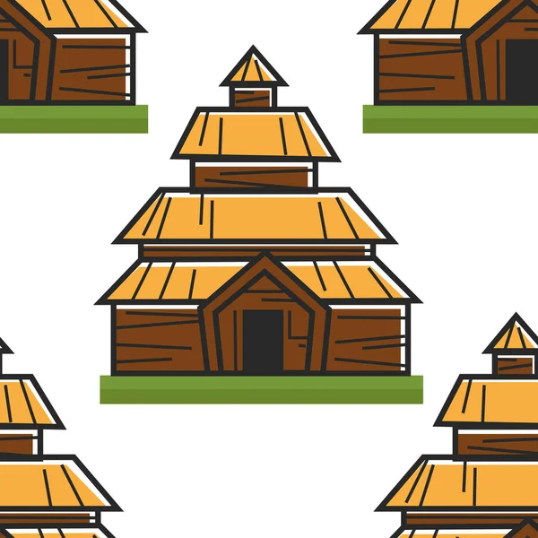 Norweski Starożytny Budynek Bezszwowe Drewniany Dom Wektor Wsi Podróży Świątyni — Wektor stockowy