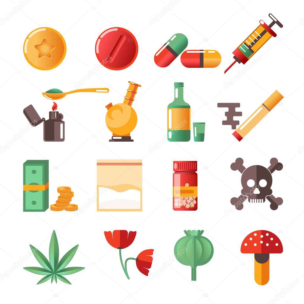 Marijuana and heroine drugs addiction cocaine and ecstasy vector pills and poppy seeds hallucinogenic mushrooms syringe and cigarette inhaler death and disease risk money spoon and lighter medication