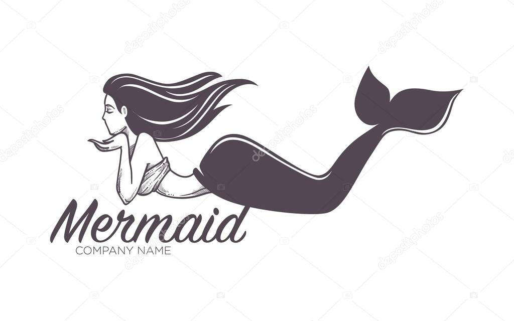 Marine company name mermaid swimming in sea girl in bra with fishtail isolated monochrome female character nautical firm fantastic creature siren symbol or corporate identity business emblem or logo