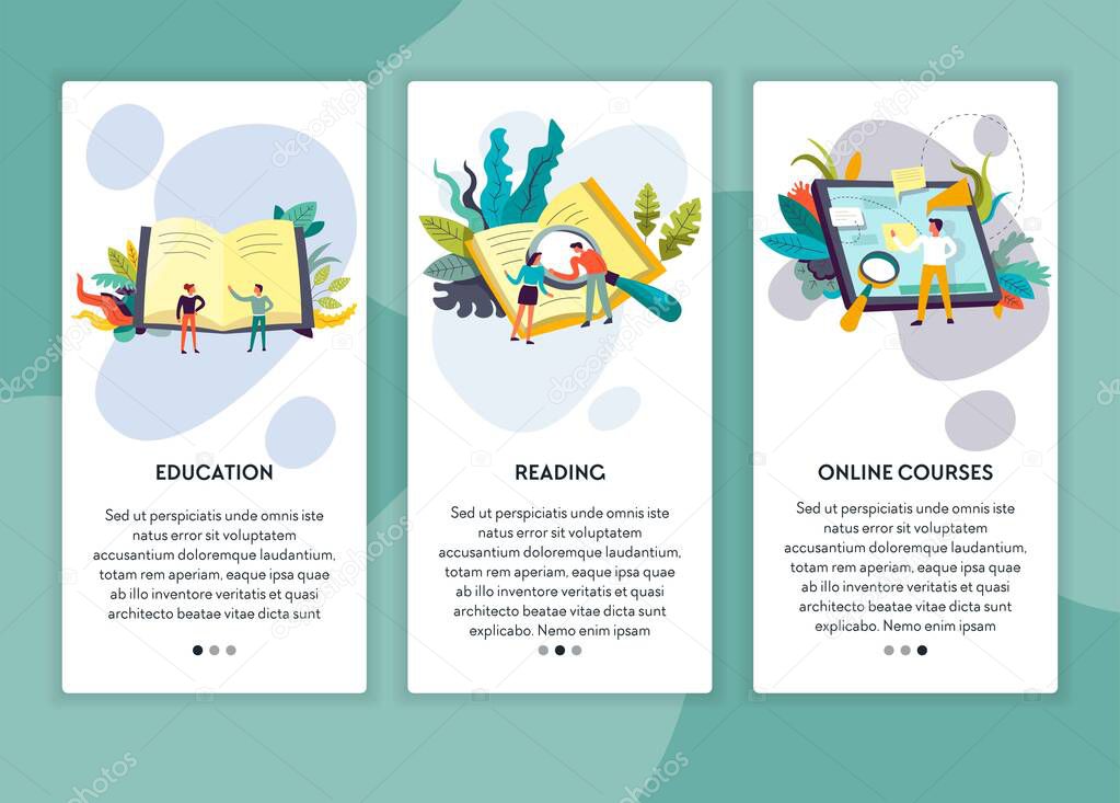 Reading education and online courses web page templates vector books and tablet distant learning and studying degree receiving knowledge school subjects textbook training and examination site mockup
