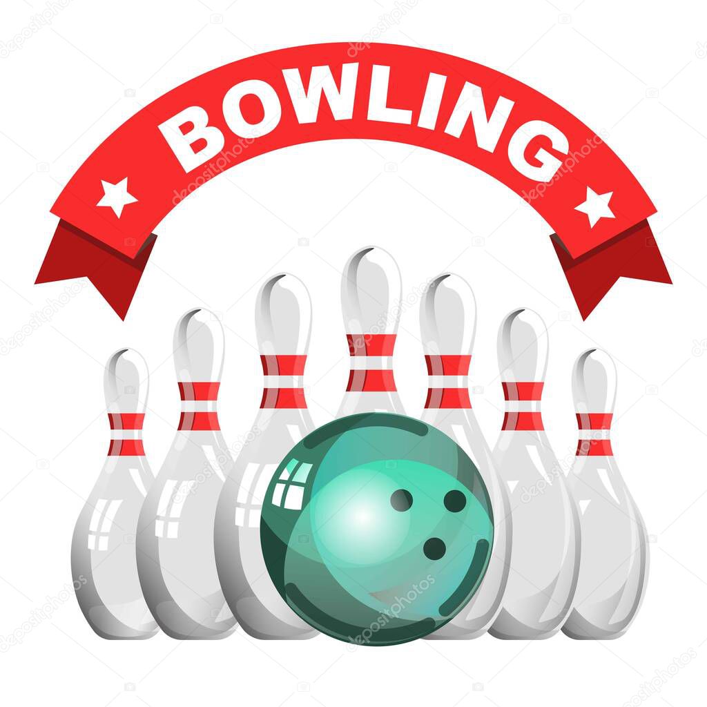 Skittles and ball bowling game club isolated icon vector sport and entertainment competition or tournament polished playing equipment strike and getting score win emblem or logo sign on ribbon