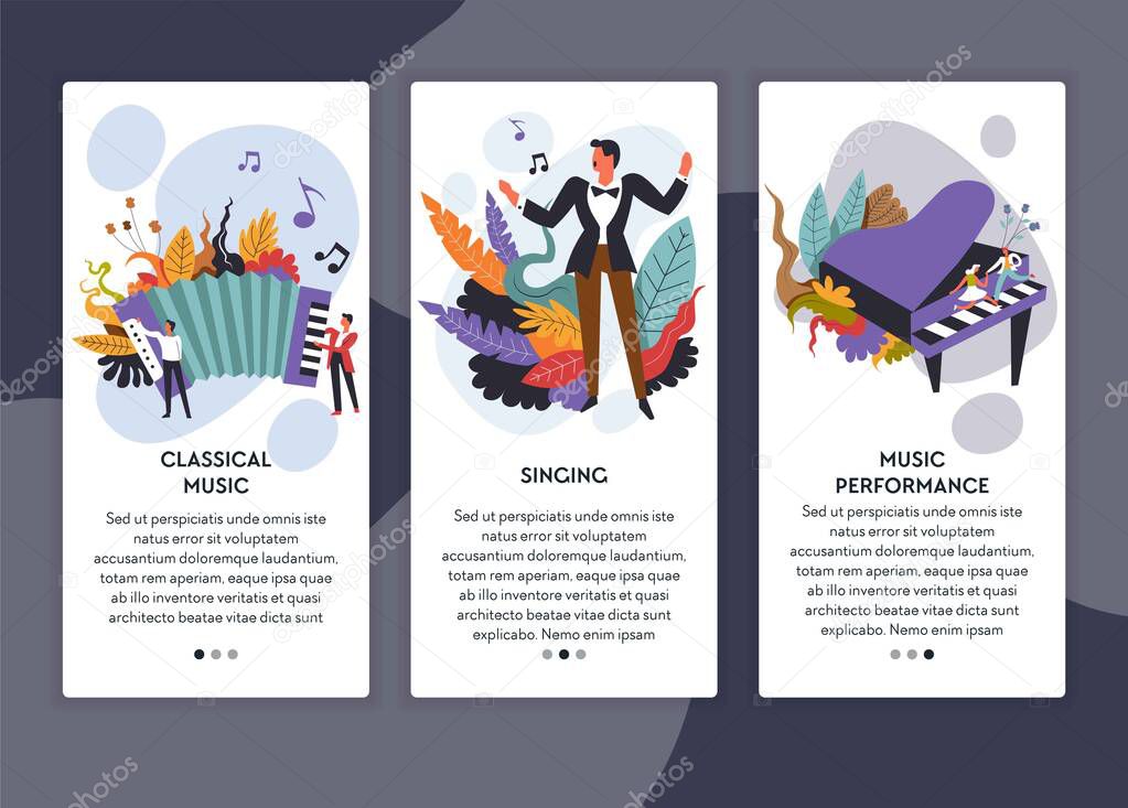 Singing and classical music performance web pages templates vector harmonic musical instrument male singer and piano live sound concert online tickets order musicians and vocalist Internet site