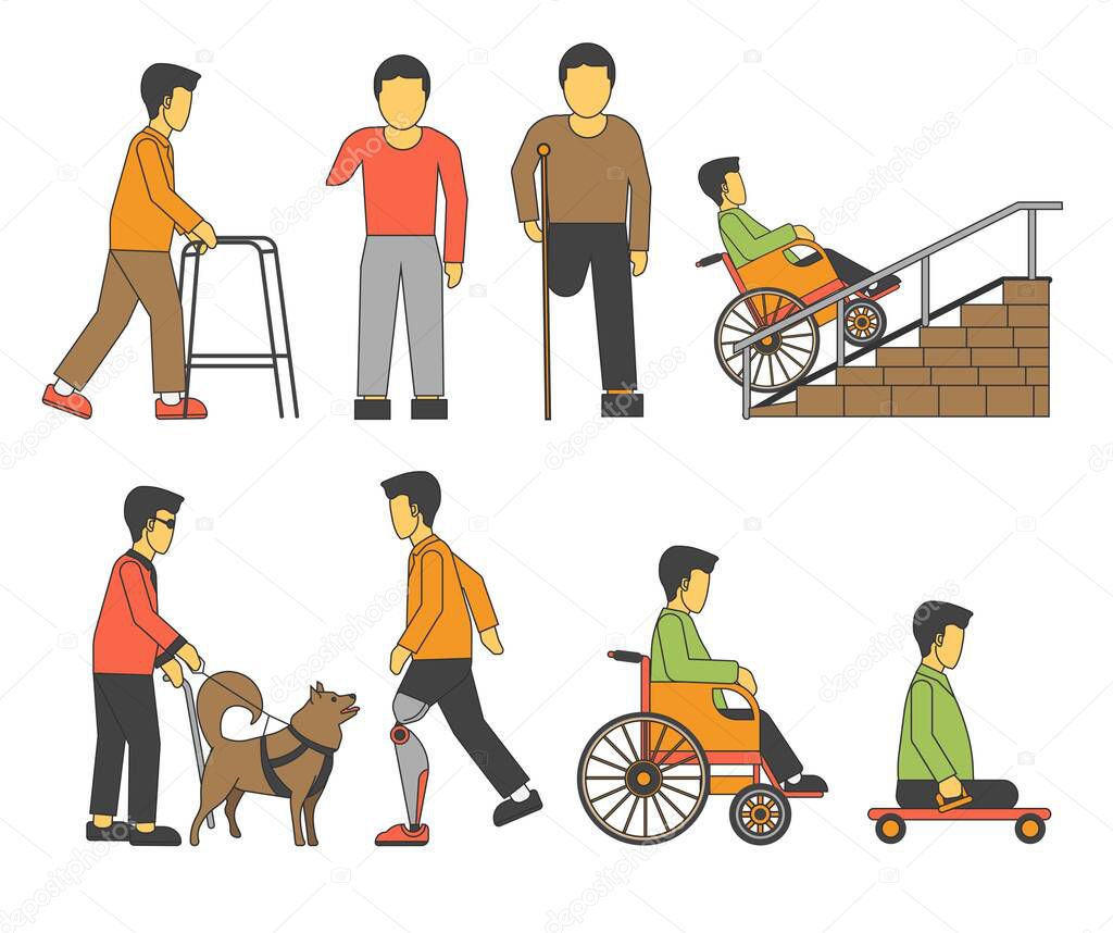 Wheelchair or prosthesis handicapped person injured isolated male character vector cane and wheelboard guide-dog blind and disabled men lost body part medicine and healthcare invalids assistance