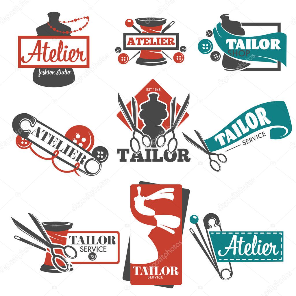 Mannequin and sewing tools atelier and tailor service isolated icons vector threads and needle pin and button scissors emblem or logo clothes repairing and designer handmade clothing shop or store